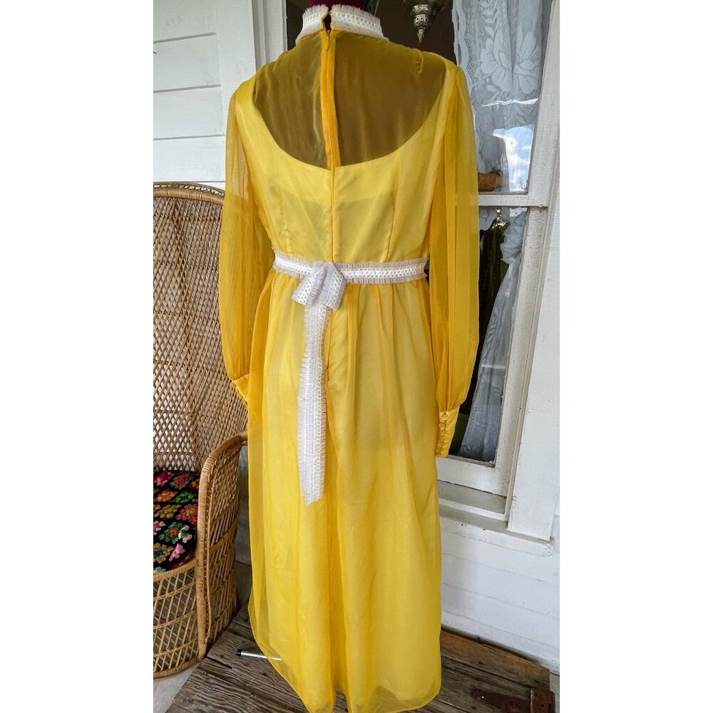 Vintage 1970s Mustard Yellow Sheer Nylon Maxi Dress Size M - Picture 12 of 16